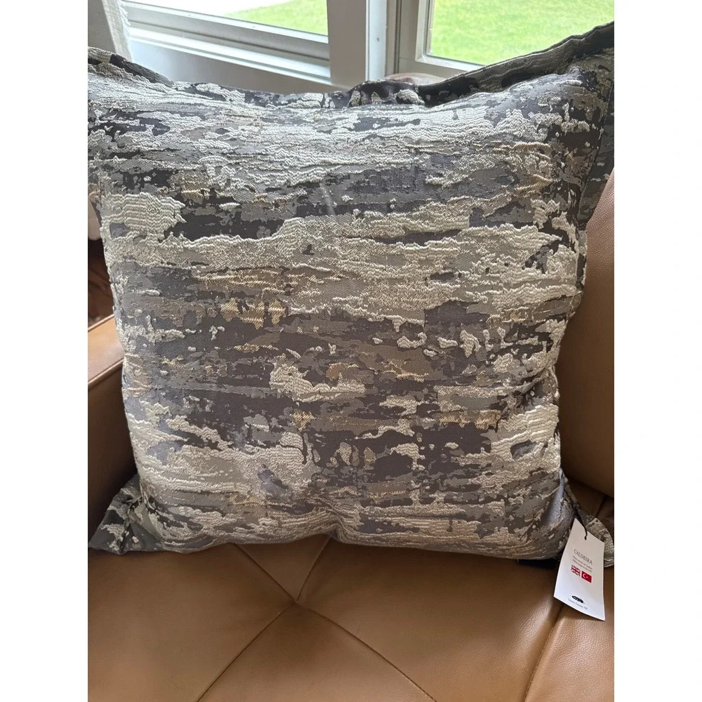 Caldeira Luxury Feather Fill Throw Pillow Grey Silver Gold Jacquard 20x20